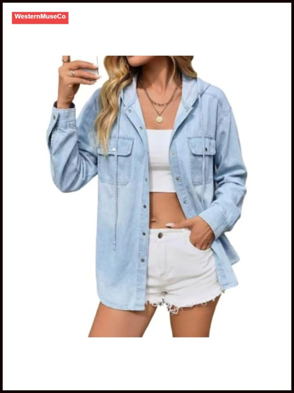 100% Cotton Hooded Denim Shirt Oversized Snap Button Chambray Shacket